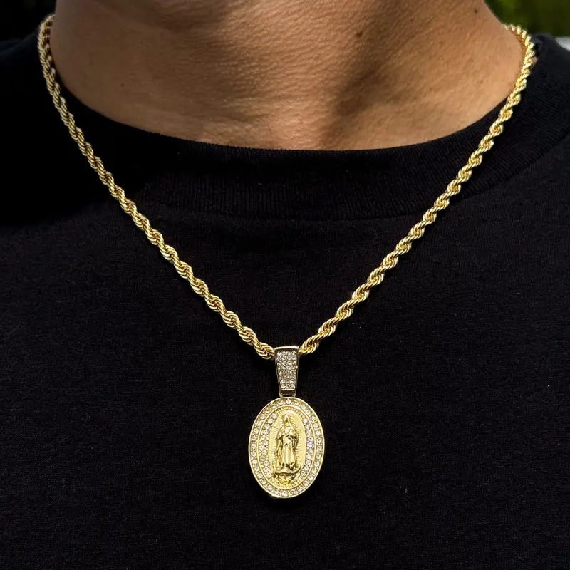 MaxBling81 Religious Motif Oval Cubic Zirconia Iced Charm Pendant Necklace, 4mm Rope Chain (18"-20"-24"), Gold Jewelry for Women, Daily Casual Chain Accessory, Religious Gift, Religious Motif Necklaces