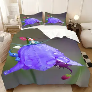 Pikmin Bloom poster bedding three-piece set, personalized print pattern, printed quilt three-piece set, bedding set, birthday gift for friends, New Year's holiday decoration, 1 quilt cover + 2 pillowcases (excluding core)