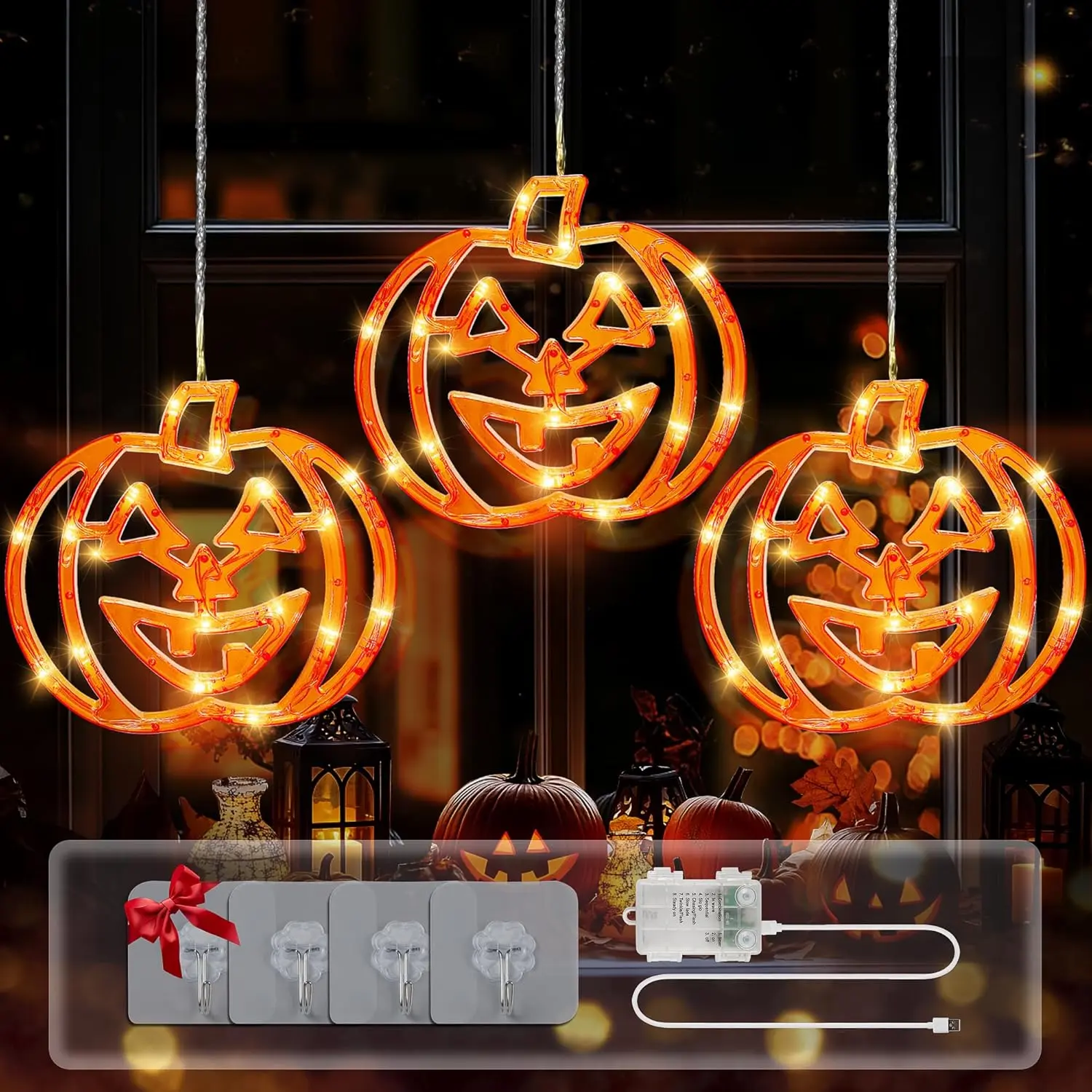 Halloween Window Lights, 48 LED 3 Orange Pumpkin Halloween Lights with Timer, 8 Modes  USB and  Operated Hanging Light for Outdoor Indoor Patio Party  Decorations