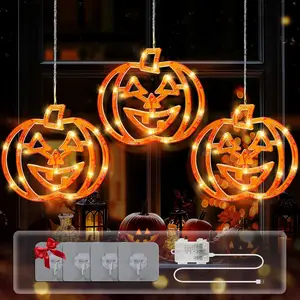 Halloween Window Lights, 48 LED 3 Orange Pumpkin Halloween Lights with Timer, 8 Modes  USB and  Operated Hanging Light for Outdoor Indoor Patio Party  Decorations