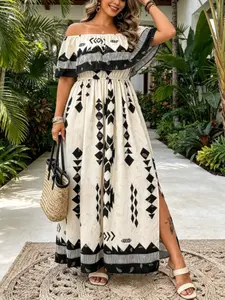Plus Size Ethnic Geometric Print Off-Shoulder Long Dress, One-Shoulder Ruffle Split Dress, Loose-Fit Vacation Dress for Women