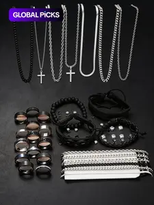 Men's Fashion Jewelry Set, Casual Trendy Cross  Charm Necklace  & Braided Bracelet & Earrings & Rings & Chain Bracelet, Hip Hop Fashion Jewelry Set for Party & Daily Decor