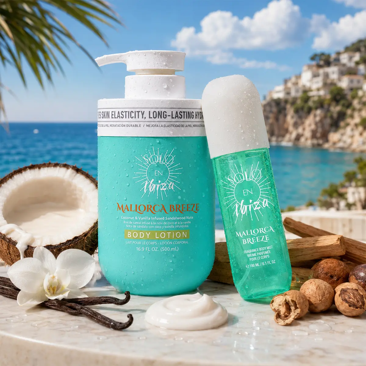 SOLO EN IBIZA Mallorca Breeze Scented Body Care Set - Woody Orchid & Toasted Praline Gourmand Aroma with Fragrance Mist (6.1 fl oz) &  Body Lotion (16.9 fl oz) / Body Wash (16.9 fl oz)
