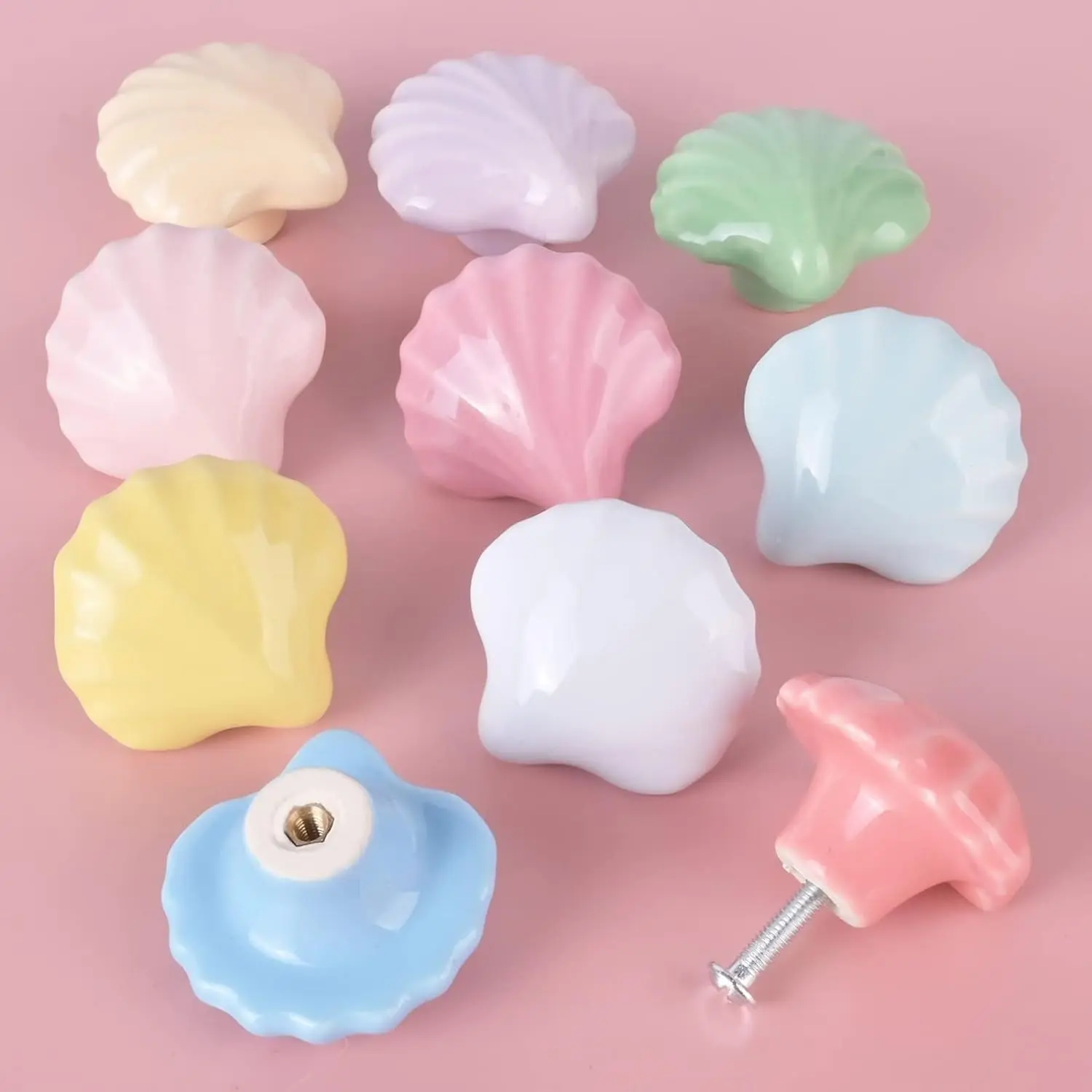 Shell Shaped Ceramic Knobs, Cabinet Dresser Drawers & Doors Pulls Handles with Screws, Furniture Knobs for Closet Cupboard Wardrobe