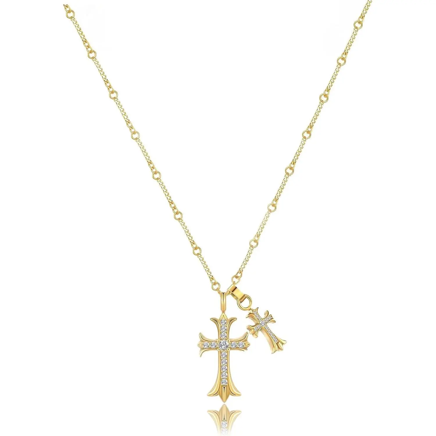 Cross Necklace 14k Gold Plated/Sterling Silver Double Cross Pendant CZ,Cubic Zirconia Cross Necklaces for Women Men Jewelry Birthday Gifts