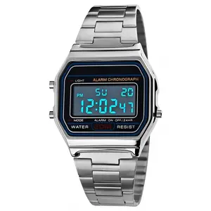 Men's Digital Outdoors Silver Stainless Steel Watch Backlit Multifunction Stopwatch Waterproof Sport watches