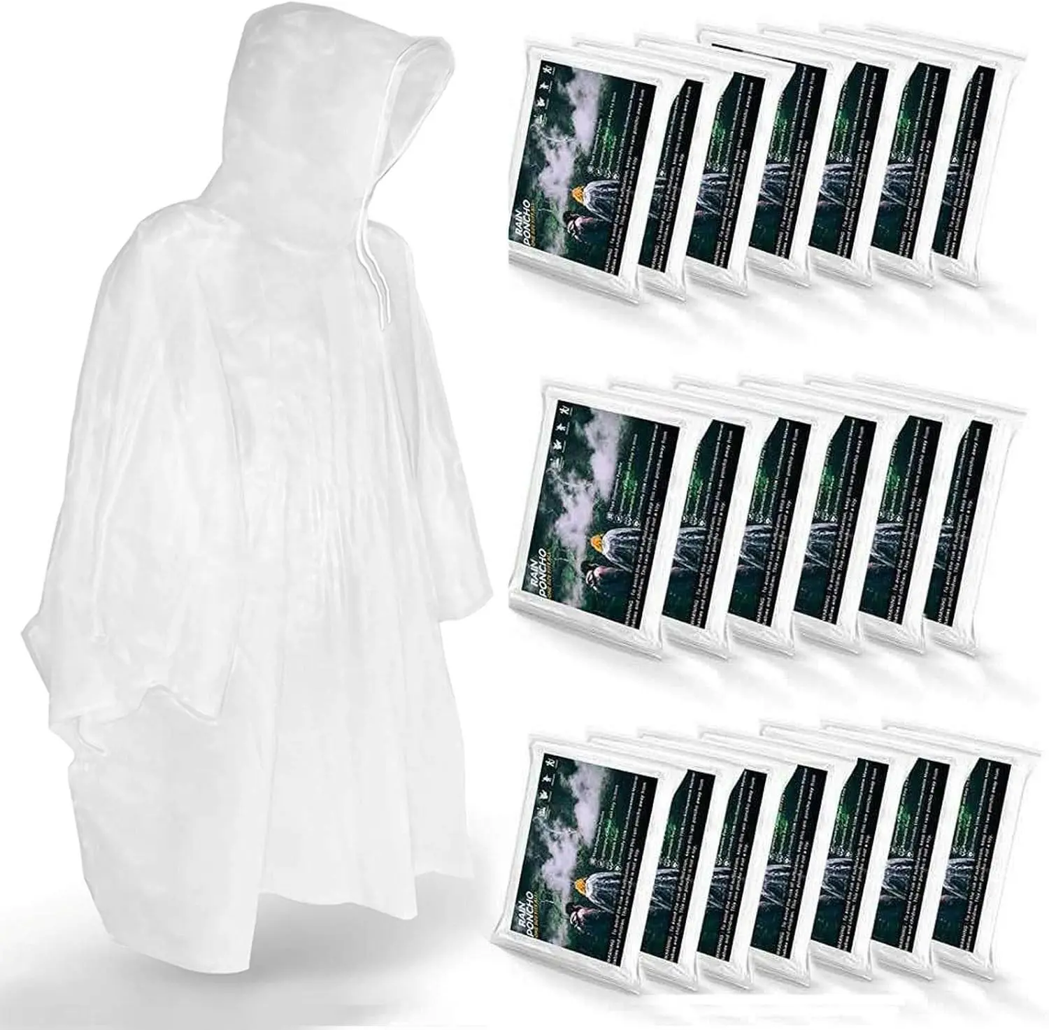 Disposable Rain Ponchos for Adult, Waterproof Plastic and Drawstring Hood, Clear