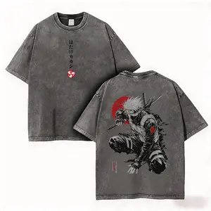 Kakashi Hatake T-Shirt Washed Vintage Naruto Anime Oversize Streetwear Tee Sharingan Ninja Graphic Unisex Heavyweight Cotton Top Gift for Anime Manga Fans