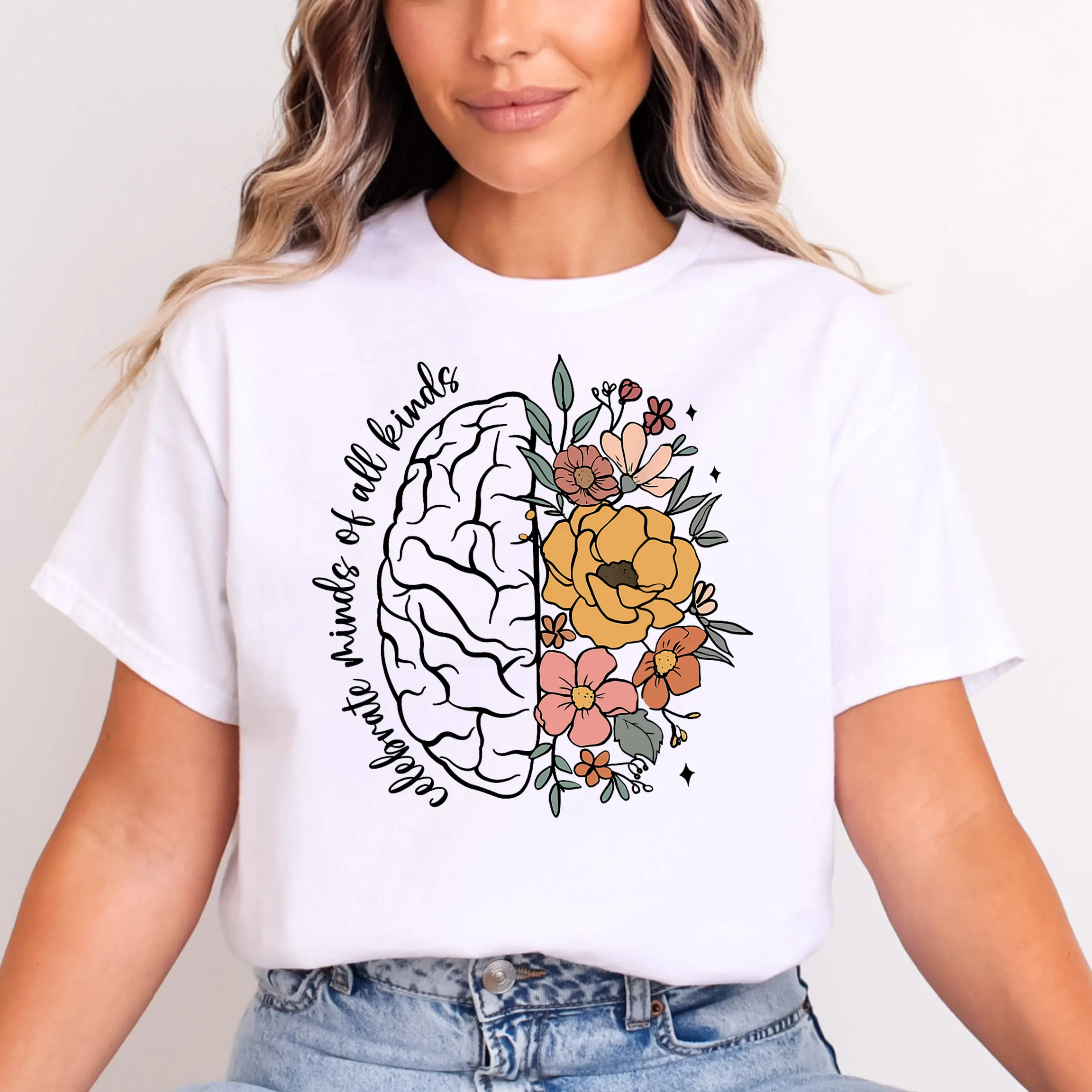 Women's Inclusive Thompson Counseling "Celebrate Minds of All Kinds" Tee, Half-Brain & Half-Blooming-Florals Design