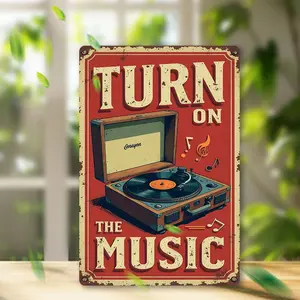 Vintage Turn on the Music Metal Sign Retro Wall Art 8x12 Inch with Record Player and Notes Durable Iron Decor for Home Bar Cafe Office Music Room Indoor Outdoor Classic Weathered Finish Wall Decor Gift Idea