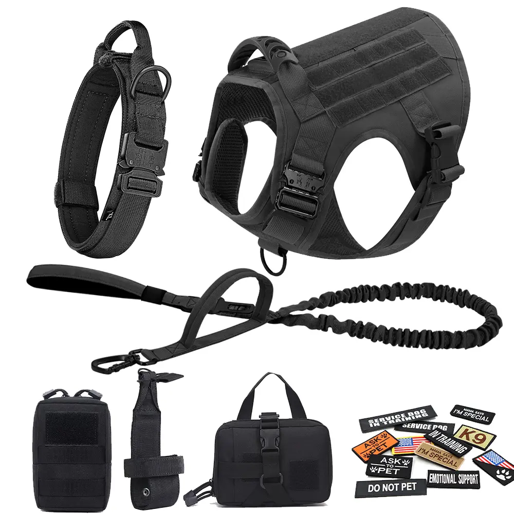 Tactical Dog Harness Set, Heavy Duty Harness, Easy Control Training Dog Collar, Bungee Dog Leash, 2 pouches and 12 patches #SummerWins #DealsForYouDays Dog Vest with Handle, No-Pull Service Military Dog Harness for Training Hunting Walking