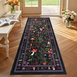 Geanup Fantasy Fox Mushroom Runner Rugs for Hallway, Non Slip Botanical Animal Kitchen Rug, Soft Thin Jungle Fox Bedside Runners, Cute Mushroom Accent Floor Carpet for Bedroom Hall Bathroom Laundry