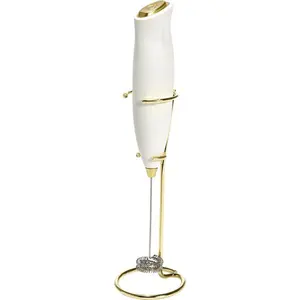 Paris Hilton Electric Handheld Milk Frother with Double Coil Head Whisk and Gold Metal Stand, Battery Powered (2 AA Batteries Required but Not Included), White