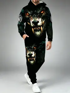 Men's Wolf Print Hoodie and Sweatpants Set - Soft and stretchy fabric, casual sports style, machine washable - Perfect choice for autumn and winter seasons fathersdaygift
