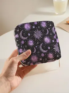 Sun & Moon & Star Pattern Sanitary Napkin Storage Bag, Portable Zipper Makeup Bag, Travel Cosmetics Storage Box for Women & Girls, Makeup Organizer Pouch, Handheld Cosmetic Pouch