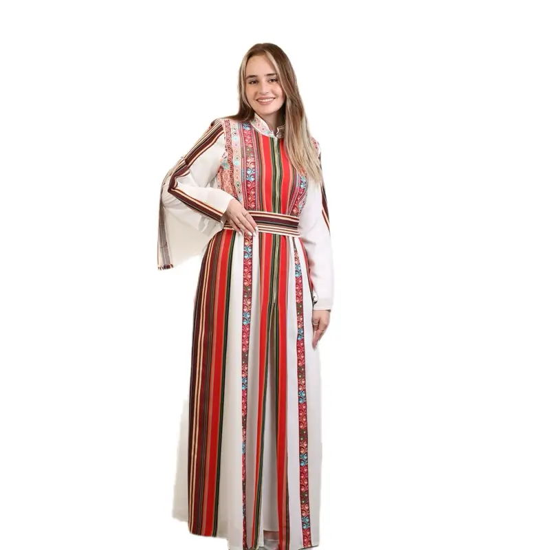 Women's 3-Piece Embroidered Colorful Striped Kaftan Set - Open Abaya, Inner Dress, Hijab, Long Sleeve Modest Wear for All Seasons, Modesty, Cultural Heritage, Embroidery, Colorful Stripes