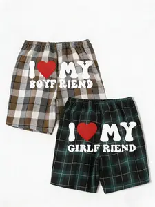 Couple's 'I ❤️ My Boyfriend/Girlfriend' Plaid Patchwork Pajama Pants | Matching Elastic-Waist Loungewear | Trendy Checkered Heart Sleepwear | Perfect for Cozy Nights & Cute Couple Outfits