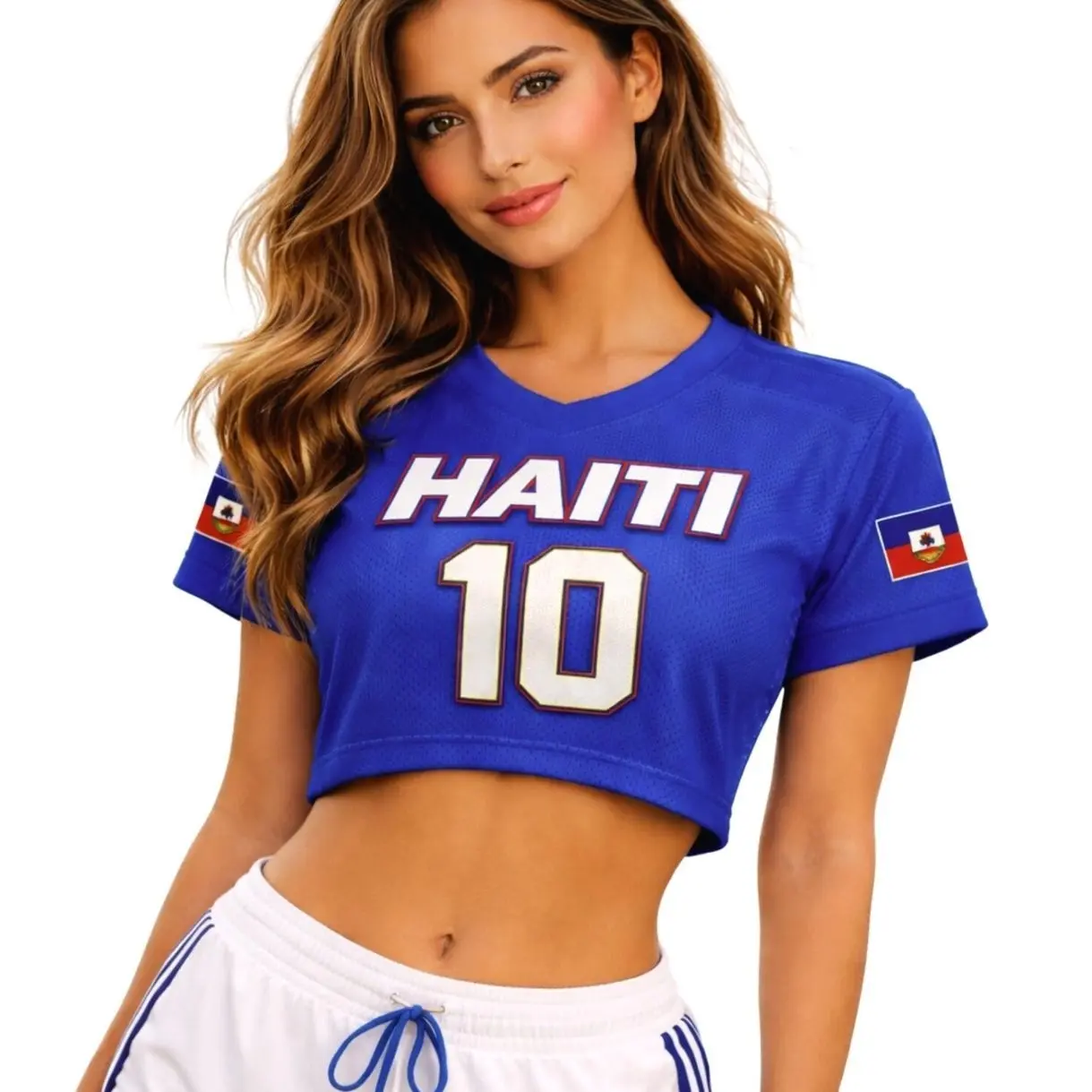 Haiti Soccer Crop Top Jersey, Women Mesh Football Fan Shirt, V-Neck Shirt Soccer Jersey