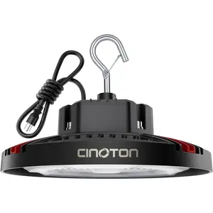 CINOTON  UFO LED High Bay Light — 24000LM Super Bright Shop Lights,, 5000K Color Temperature, Aluminum Construction; Includes 6-Foot Power Cord and Safety Cable; Suitable for Warehouses, Garages, Workshops, Factories, and Similar Locations.
