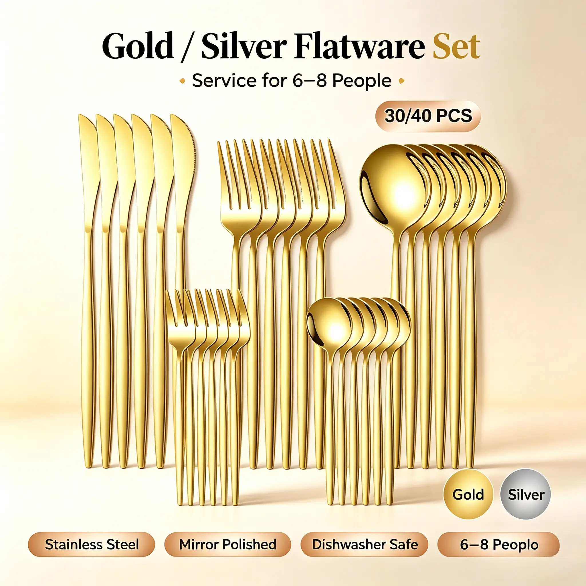 30/40-piece stainless steel dinnerware set, ideal for large gatherings, dishwasher-safe stainless steel tableware, stylish dining set