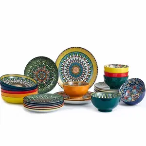 24 Pieces Dinnerware Sets, Plates and Bowls Set, Porcelain Dishes Set for 6, Microwave & Dishwasher Safe, Scratch Resistant, Bohemian Style Dishes Set Service for 6