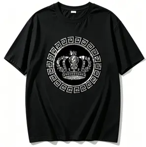 Black Crown with Greek Key Ornate T-Shirt, 100% Cotton Luxury Royal Graphic Tee