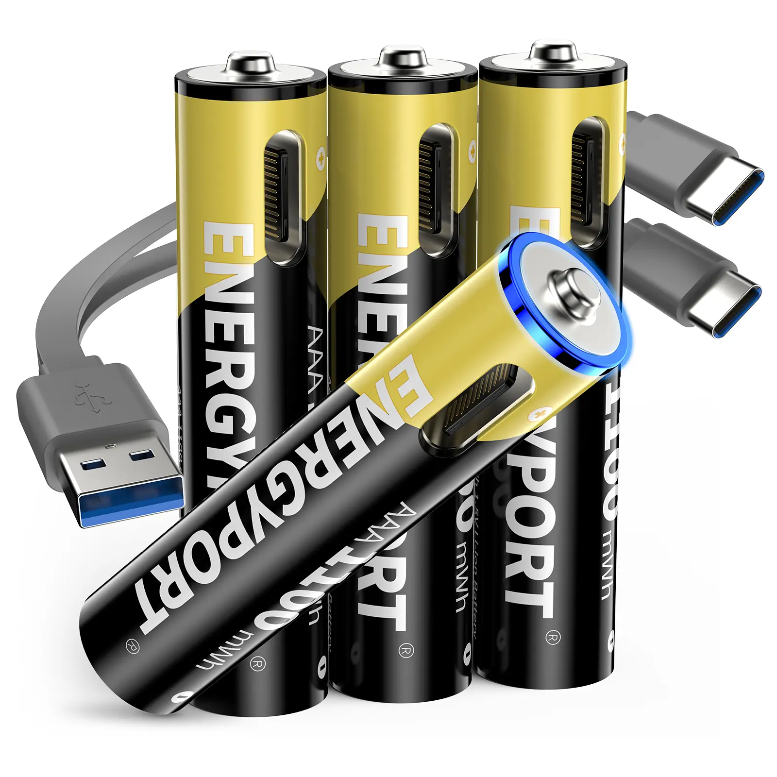 ENERGYPORT USB Rechargeable AAA Lithium ion Batteries 1.5V 1100mWh With USB-C Charging Cable, High Capacity Fast Charge, 1600 Cycles Constant Output, Over-Charge Protection,4-Pack