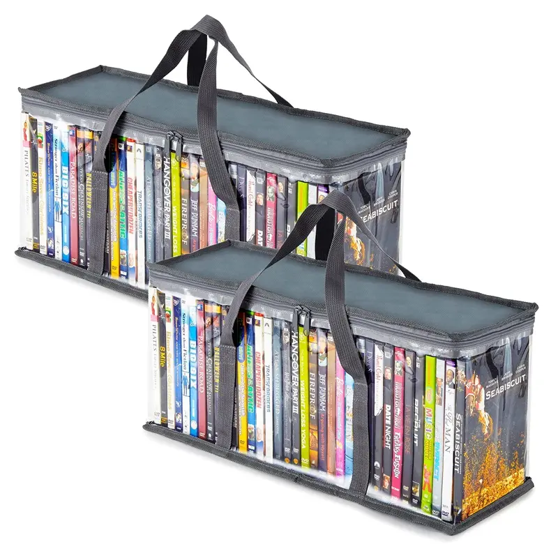 Stock Your Home DVD Storage Bags (Set of 2) Media Organizer Bag for DVDs, CDs, Blu Ray Disc, Movie Cases, VHS Box, Video Game Disks, Clear Plastic Holders with Carrying Handles and Zipper - Black