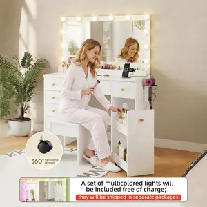 LAKEMID 49.3-inch Extra-Large Vanity Table with Lighted Mirror, 12 Three-Color Adjustable LED Lights, Plus a Free Set of Rainbow Lights; Features 7 Drawers and a Pull-Out Storage Cabinet; Bedroom Makeup Mirror; Perfect Gifts(White)