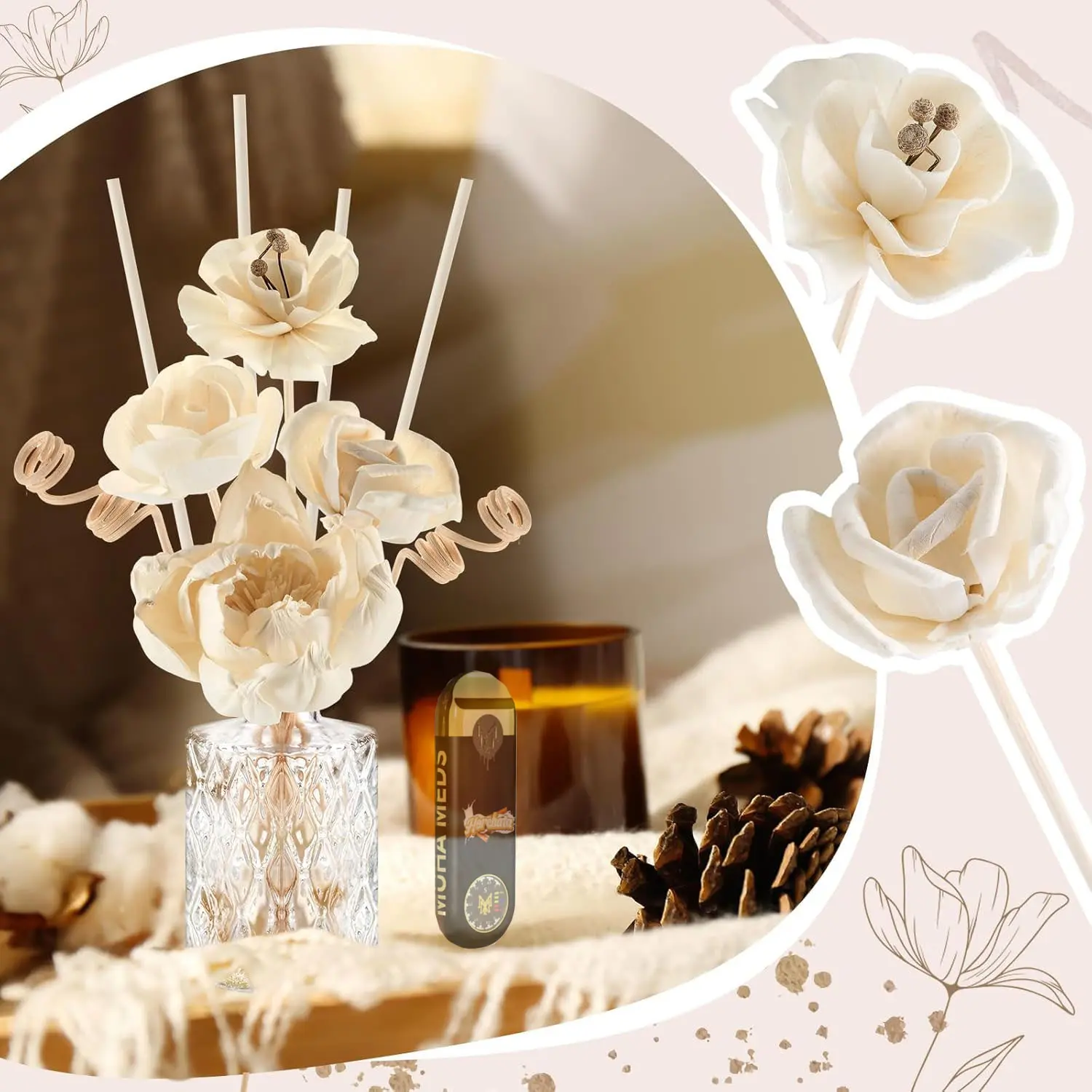 Mvha Meds Gen3th Flower Reed Diffuser Set for Bathroom Air Fresheners, Home Fragrance Reed Diffuser for Bathroom Shelf Decor Oil Defusers | Fresh Linen/Ocean/Eucalyptus & Mint Fruit Scent Shelf Decor