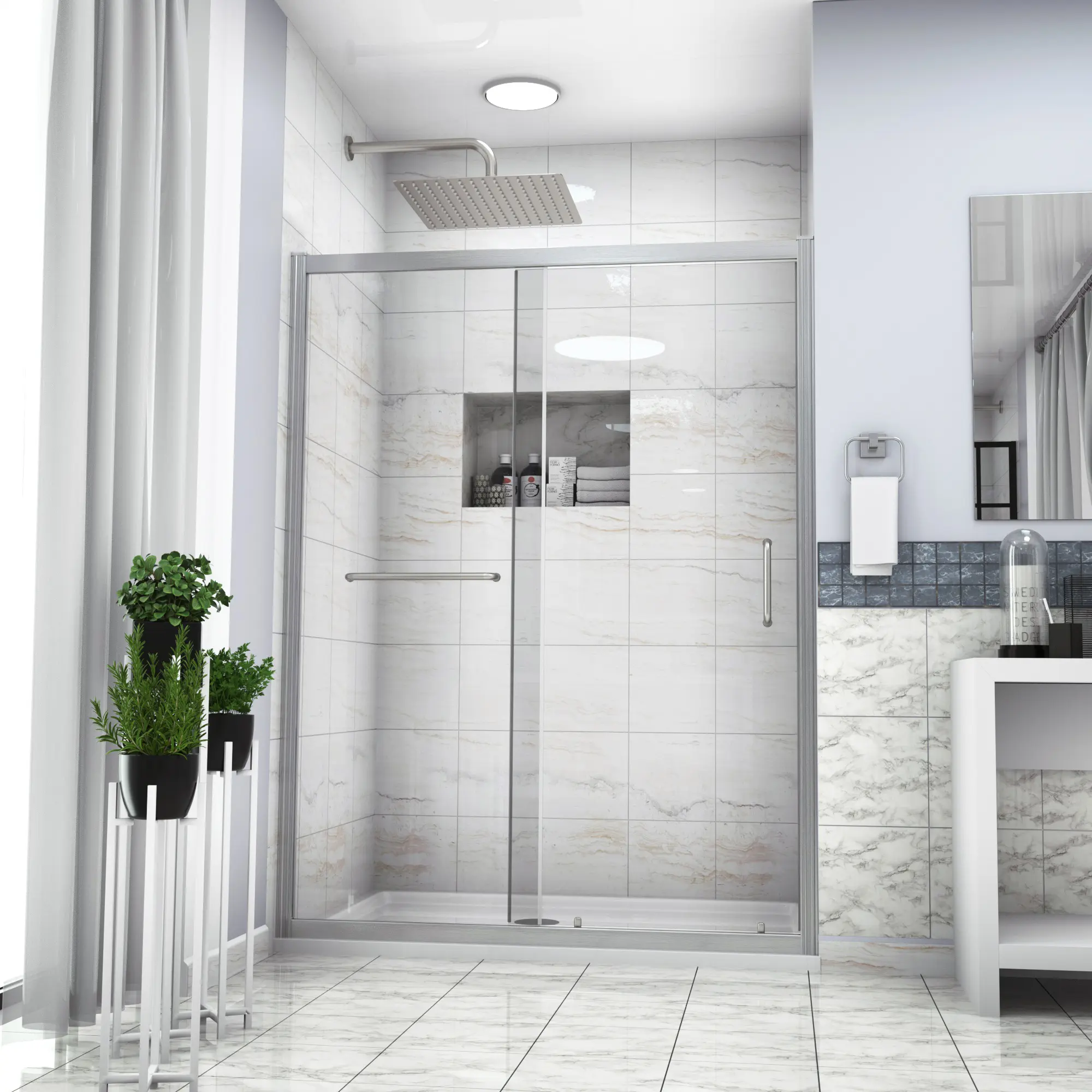 60x72 in Classic Sliding Bypass Shower Door Enclosure - Brushed Nickel Aluminium Frame, Silent Slide Tempered Glass, Streamline Modern Design, Easy Clean Technology, Waterproof Bathroom Fixtures, Home Improvement Bathroom Decor