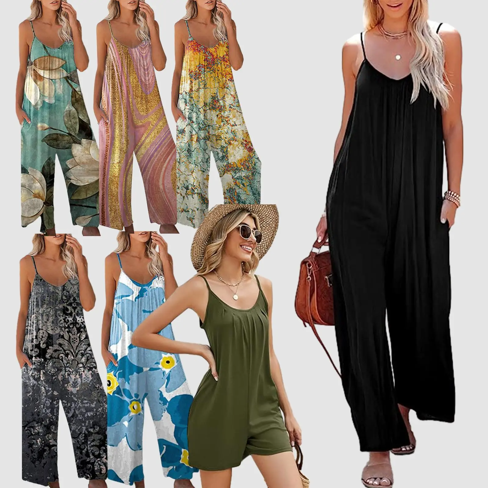 Plus Size Women's Fashion Loose Silk Leg Pants Jumpsuit - Casual Sleeveless Spaghetti Straps, Wide Leg, Pockets, Stretchy Drape Polyester Fabric, Outdoor Everyday Beach Vacation Holiday Wear