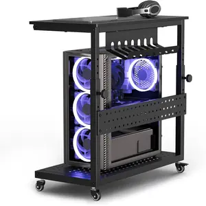 Computer Tower Stand, 11 Level Height Adjustable PC Stand with Line Storage Rack, Mobile Rolling CPU Holder Cart for Gaming Office Home (Black)