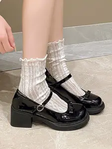 French Vintage High Heel Mary Jane Shoes for Women, New Fall Butterfly Knot Round Toe Leather Pumps, Stylish Retro Fashion Footwear