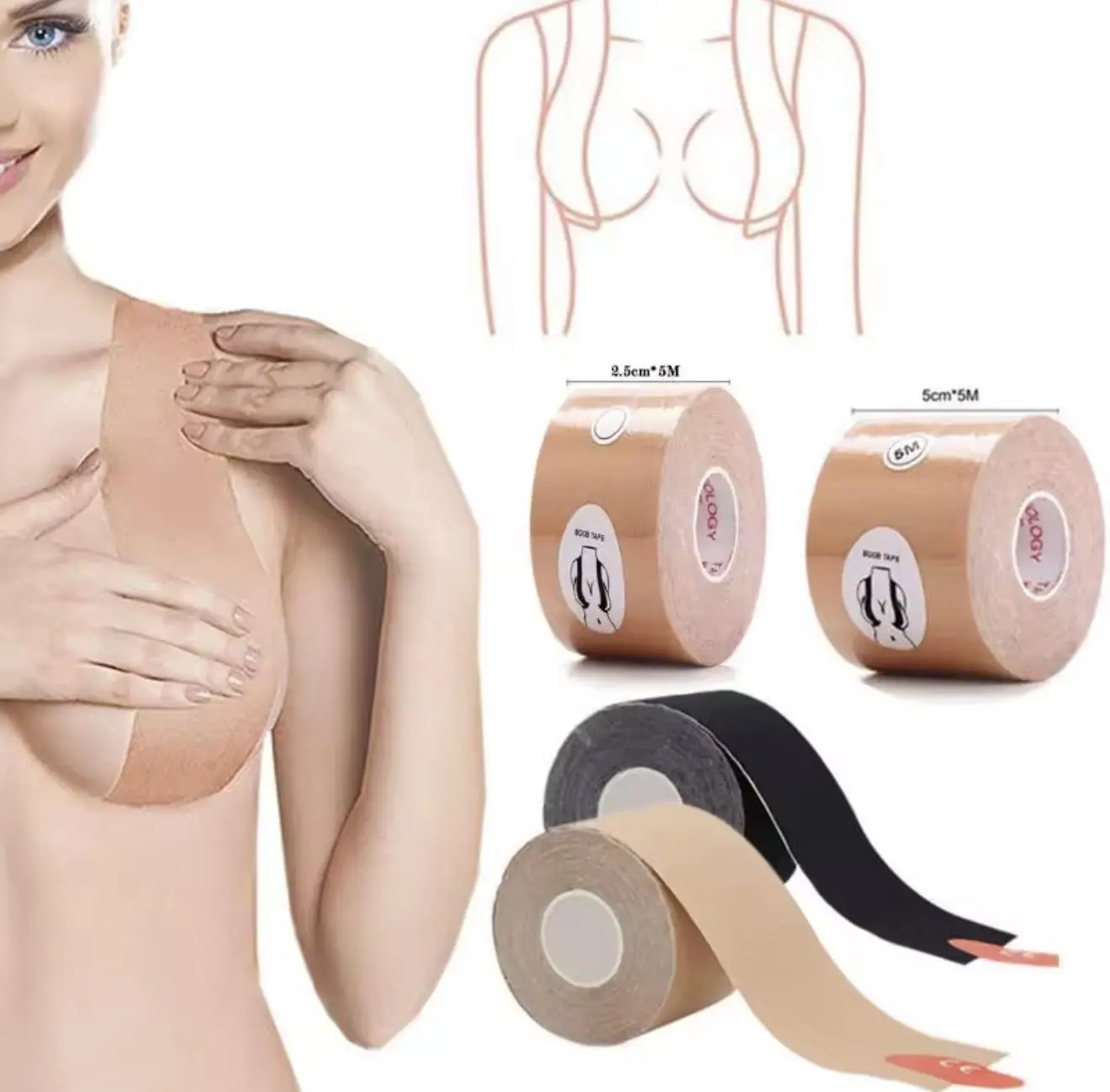 5M Roll Self-Adhesive Boob Tape | Invisible Breast Lift Tape for Strapless Backless Dresses | Sweat-Proof Elastic Body Push Up Bra Patches REGRTEDARLING boob tape Disposable Breathable Accessory