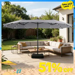 [Summer Vibes] PHI VILLA 15ft Extra Large Double-Sided Patio Umbrella with Base & LED Lights - Large Steel Frame, UV Protection, Metal Base Included, Useful Crank