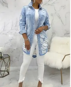 Long Sleeve Distressed Denim Shirt