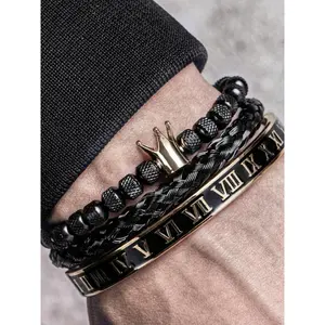 Men's Vintage Crown Design Beaded Bangle, Fashionable Braid & Roman Numerals Cuff Bracelet for Party, Daily Decor, Trendy Exquisite Jewelry for Birthday Gift, Jewellery Accessories