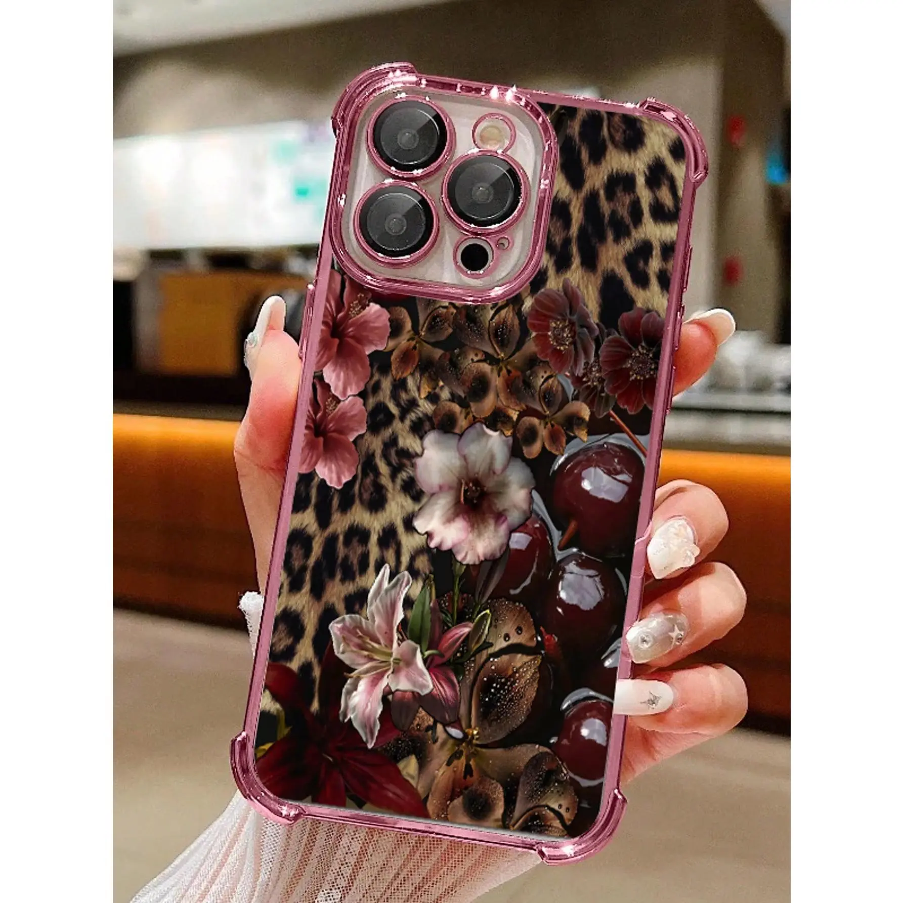 Cute Phone Accessories TPU Cellphone Casing - Cheetah & Cherry Blossom Pattern Protector, Shockproof, Transparent Soft Corners, Anti-Slip, Drop & Camera Protection for iPhone 17,16,15,14,13,12,11,X,XS,XS Max, Ideal Birthday Gift