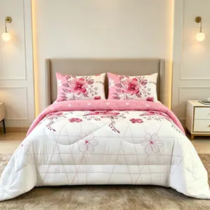 2/3pcs Pink Floral Comforter Set Queen Size, Watercolor Flower & Grid Printed Bedding Set, Soft Microfiber Lightweight Comforter with 1 or 2Pillowcases for All Seasons, White Botanical Pattern