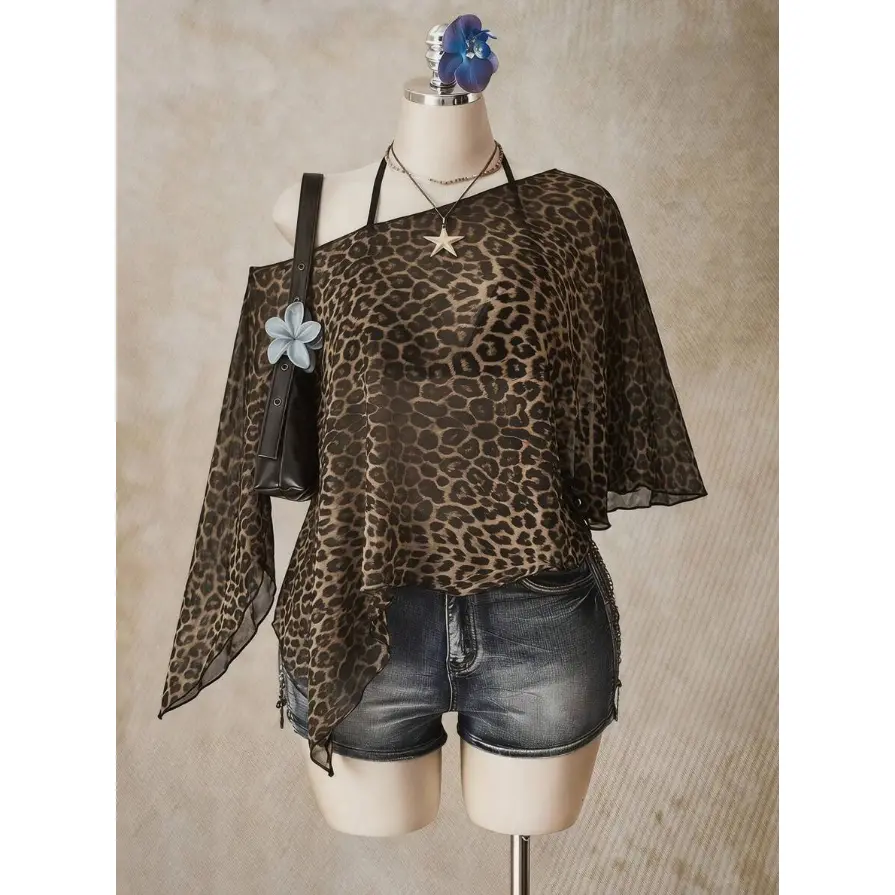 Leopard Print Plus Size Women's Asymmetric Neck Batwing Sleeve Loose Top