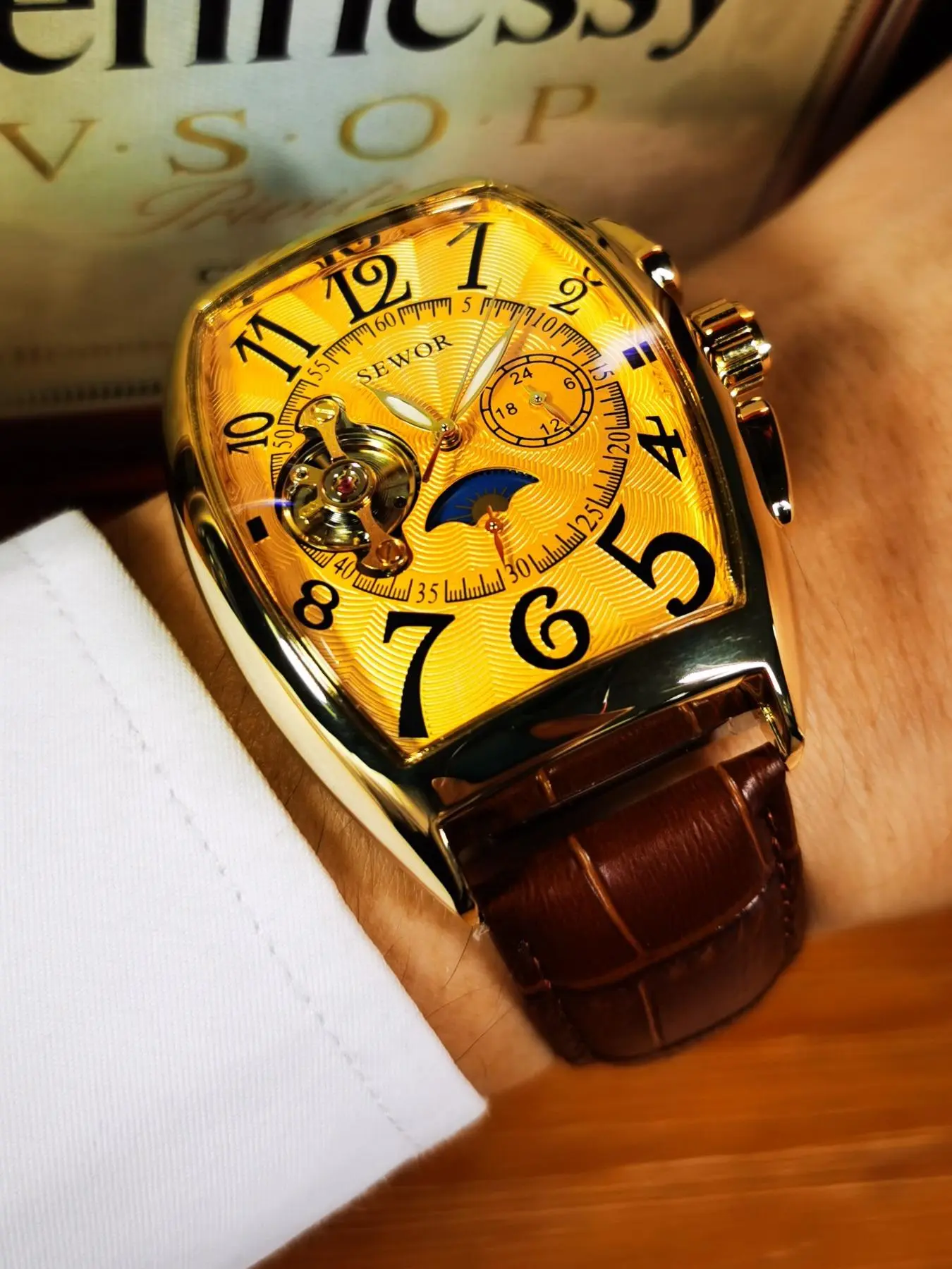 Men's Luxury Automatic Mechanical Watch, Luminous Analog Watch, Luminous PU Leather Strap Fashion Watches, Two Buttons Only Decoration Not Work