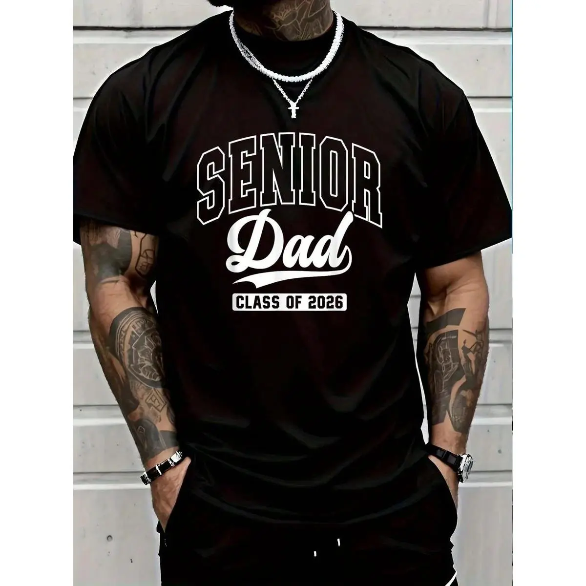 Casual Graphic T-Shirt for Proud Senior Dads, Class of 2026 Graduation Print, Unisex Distressed Cotton Streetwear with Short Sleeves and a Round Neck