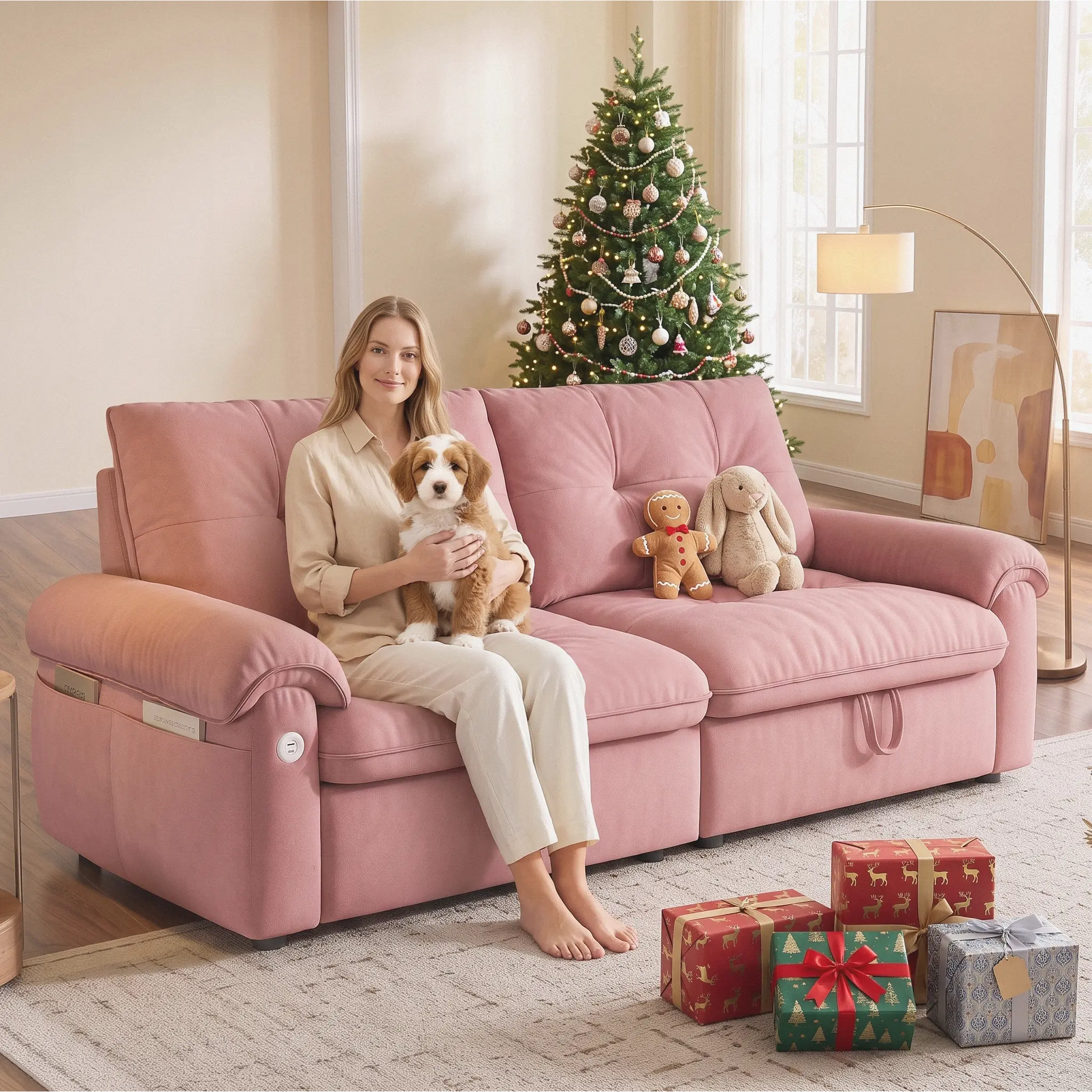 77“ Convertible Sleeper Sofa Bed, 2-in-1 Pull Out Bed, Loveseat, Chair BedPlush Fabric Cloud Couch with Adjustable Backrest, Modern Sofa with Side Pocket&USB, for Living Room, Apartment, Bedroom,Small Spaces