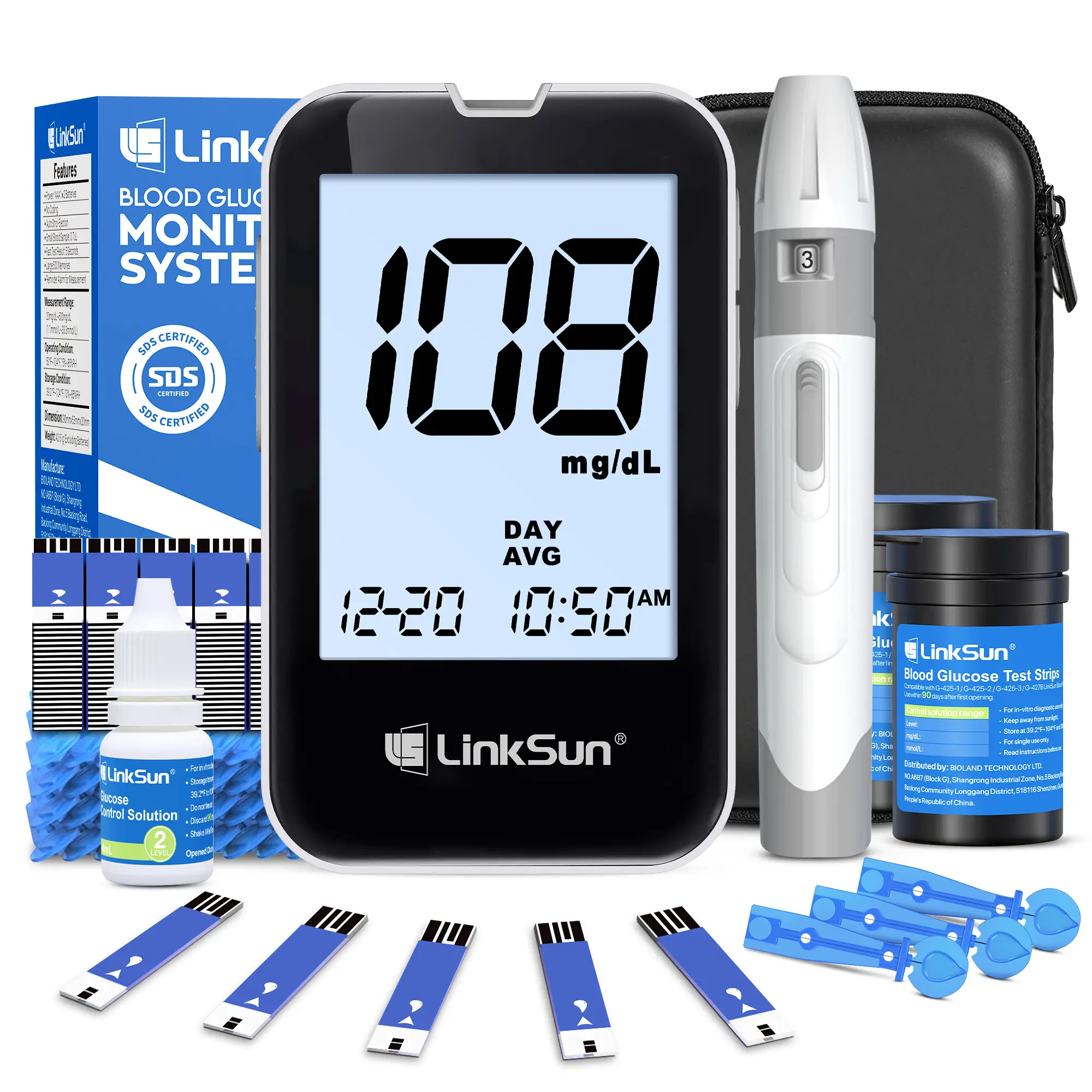 LINKSUN G-425-2V Blood Glucose Monitor Kit, 100 Test Strips, 100 Lancets, 1 Blood Sugar Monitor, 1 Lancing Device, Diabetes Testing Kit No Coding, Glucometer Large Display, Glucose Meter for Home Use summerwins