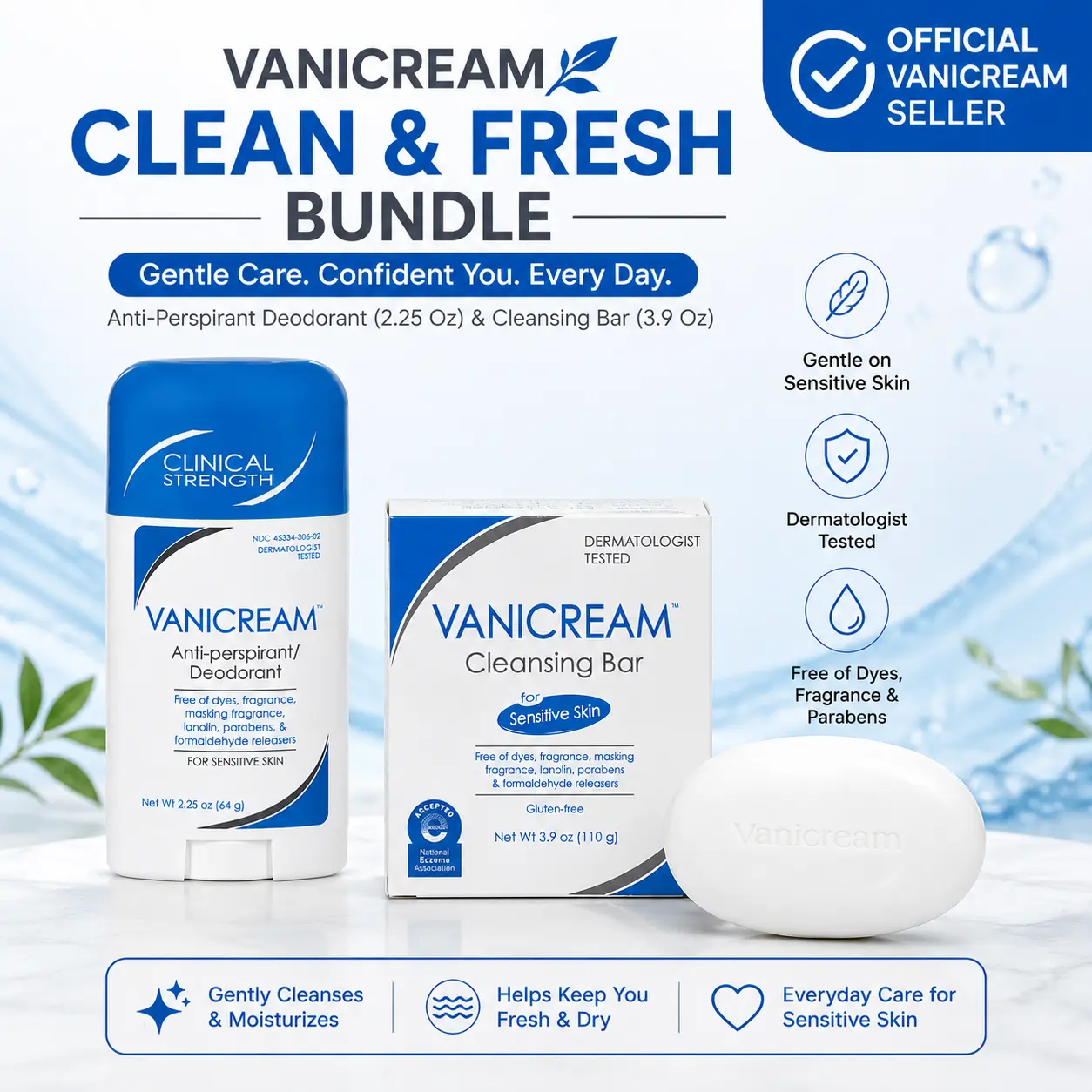 Vanicream Sensitive Skin Essentials Duo – Clinical Strength Antiperspirant Deodorant 2.25 oz + Cleansing Bar 3.9 oz | Fragrance-Free, Gluten-Free & Dermatologist Tested