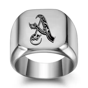 Artistic Font 26 Letter Titanium Steel Ring Men's & Women's Retro Punk Square Smooth Fashion Domineering Personalized Jewelry Lead Free Nickel Free Cadmium Free Punk Style Ring