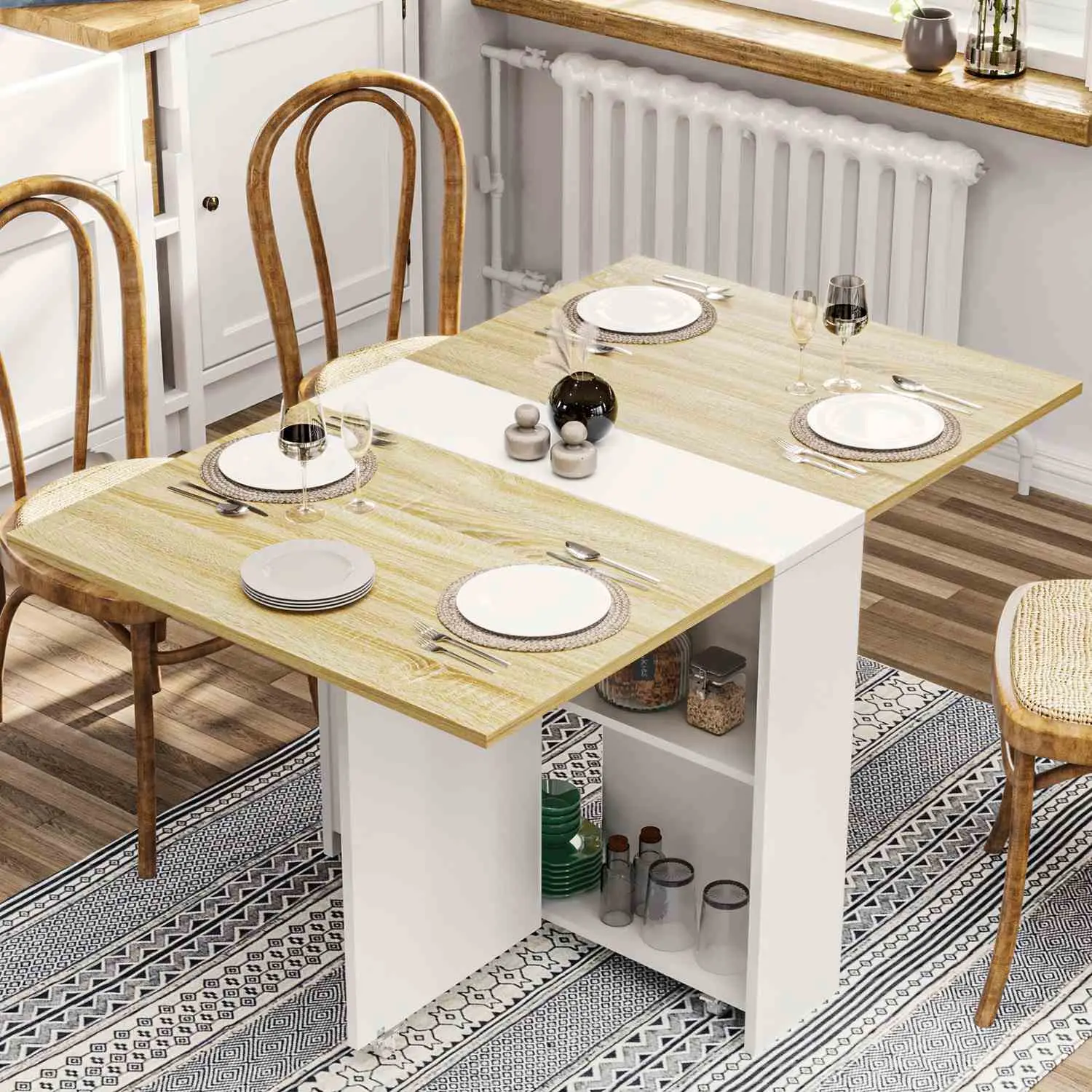 SIKAIC Folding Dining Table with Storage Shelves & Wheels, White Kitchen Drop Leaf Table