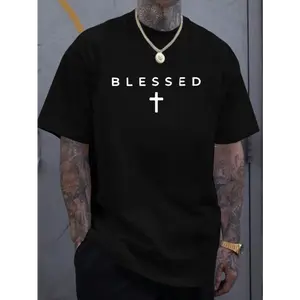 Men's "Blessed" Cross Print T-Shirt - Casual Crew Neck, Short Sleeve, Lightweight, Summer Essential for Casual Attire, Everyday Tshirt | Trendy Casualwear | Comfortable Fit, T Shirts For Men, Shirts For Men