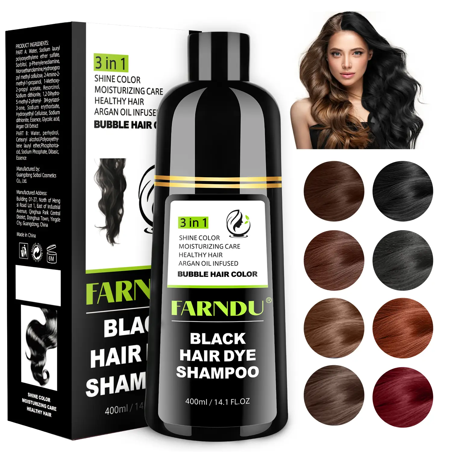 FARNDU Hair Dye 3-in-1 Shampoo Haircare, Cover Gray Hairs, 10 Mins Hair Coloring, Plant Extracts, Long Lasting, Mild, Moisture (400 mL)